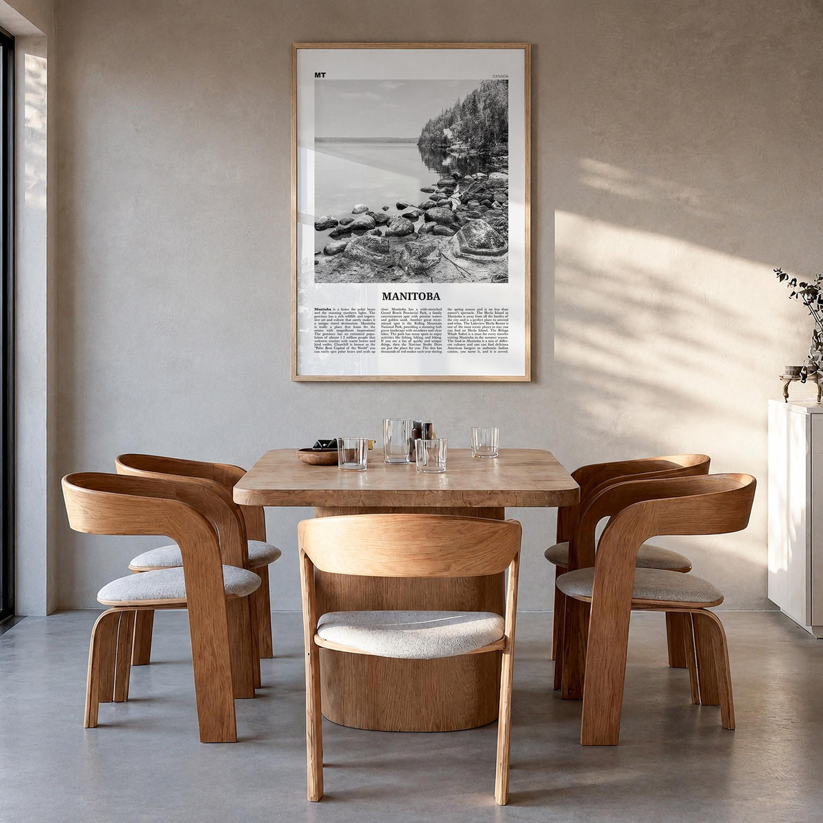 Manitoba black & white newspaper poster of Canada – vertical wall art in natural wood frame, hanging on wall