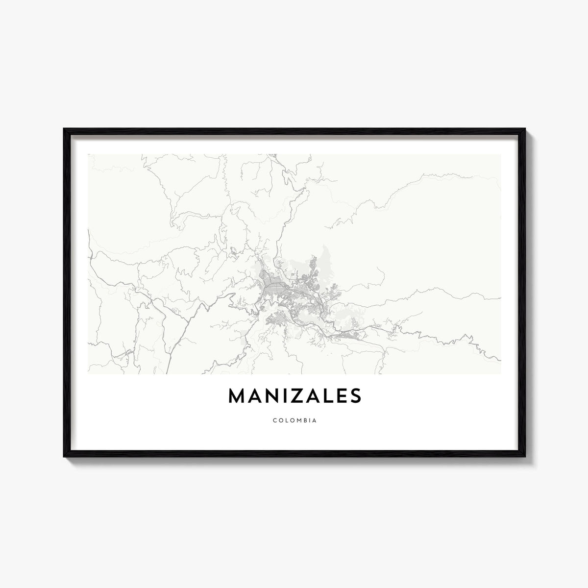 Manizales black & white map poster of Colombia – horizontal wall art, unframed print shown in interior mockup
