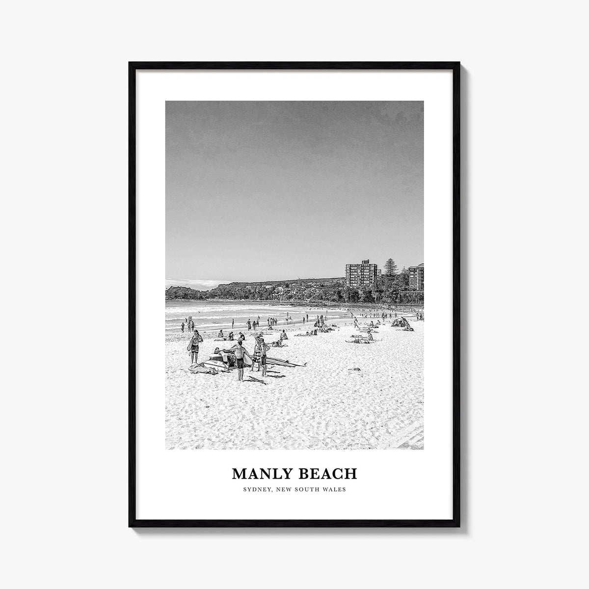 Manly Beach black & white classic poster of Sydney, New South Wales – vertical wall art, unframed print shown in interior moc