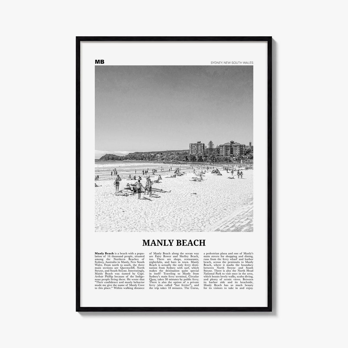 Manly Beach black & white newspaper poster of Sydney, New South Wales – vertical wall art, unframed print shown in interior m