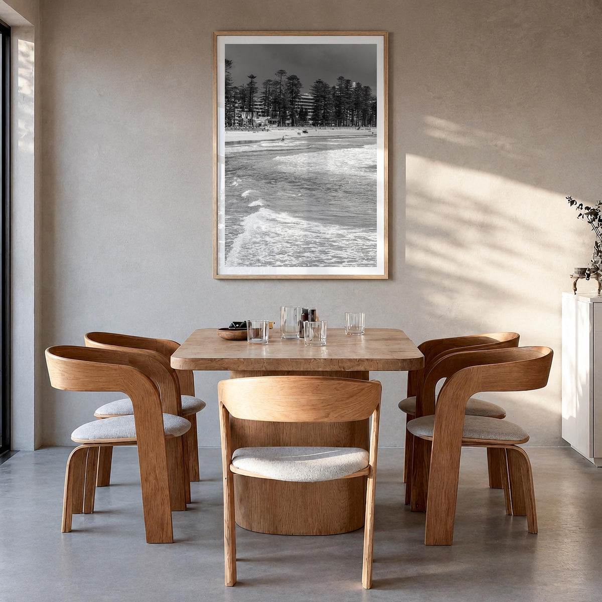 Manly Beach black & white photo poster of Sydney, New South Wales – vertical wall art in natural wood frame with white border