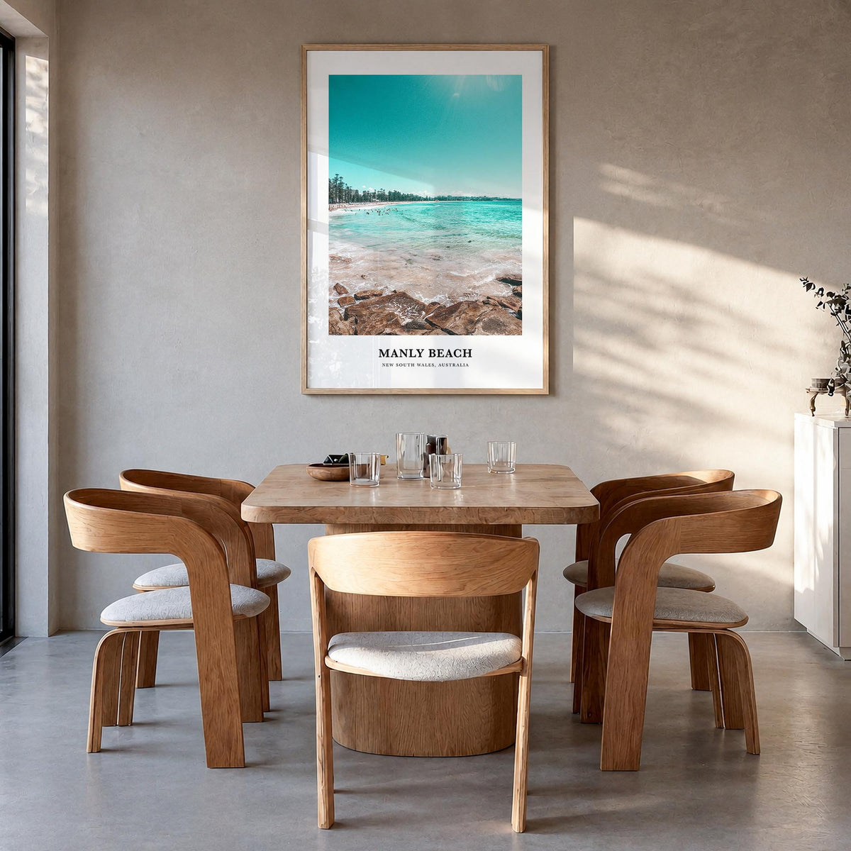 Manly Beach colorful classic poster of Sydney, New South Wales – vertical wall art in natural wood frame, hanging on wall