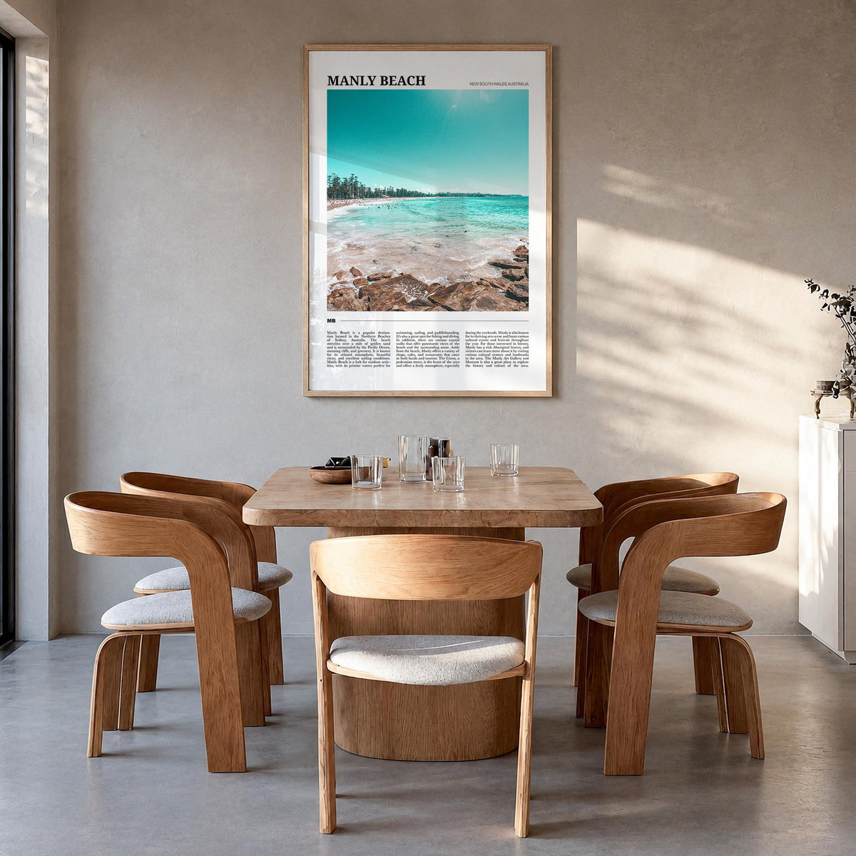 Manly Beach colorful travel poster of Sydney, New South Wales – vertical wall art in natural wood frame, hanging on wall