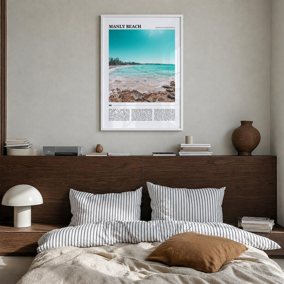 Manly Beach colorful travel poster of Sydney, New South Wales – vertical wall art in white wood frame, hanging on wall