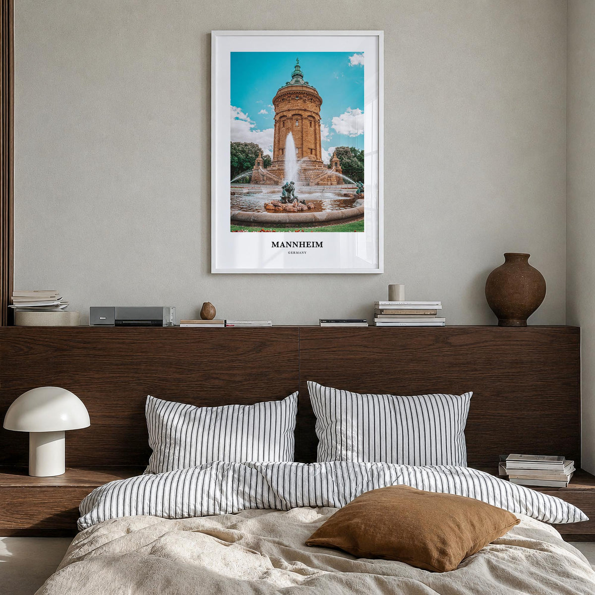 Mannheim colorful classic poster of Germany – vertical wall art in white wood frame, hanging on wall