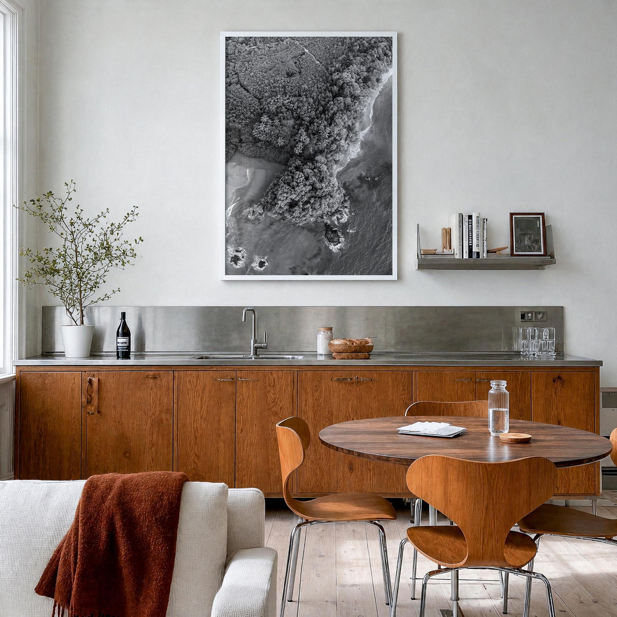 Manuel Antonio National Park black & white photo poster of Costa Rica – vertical wall art in white wood frame, hanging on wal