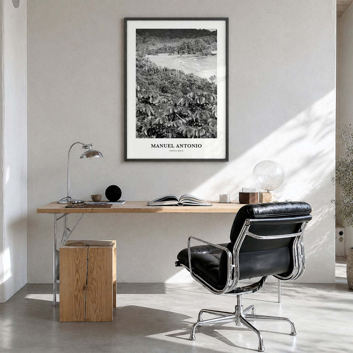 Manuel Antonio National Park Classic Poster in a black wood frame, hanging in a bright home office