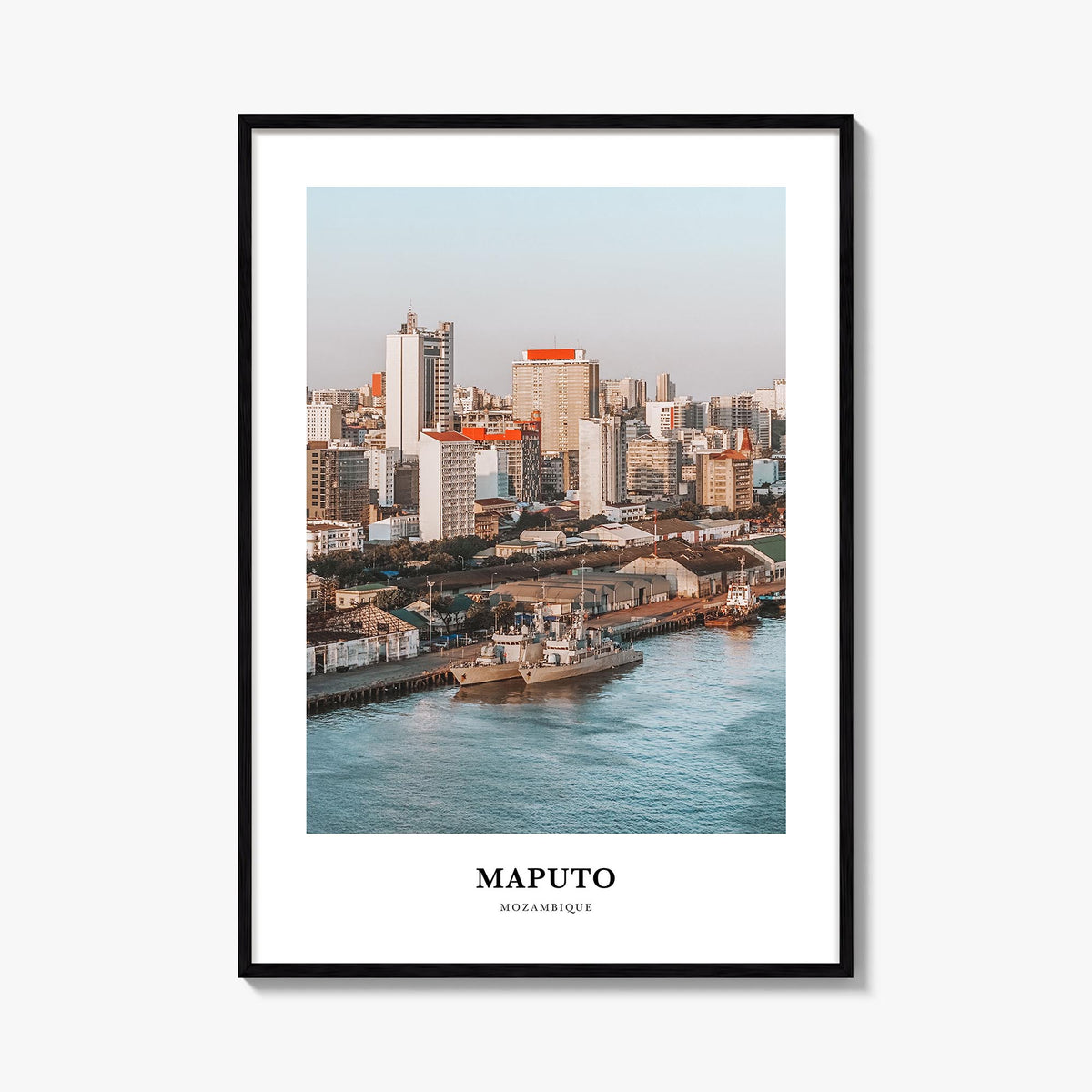 Maputo colorful classic poster of Mozambique – vertical wall art, unframed print shown in interior mockup