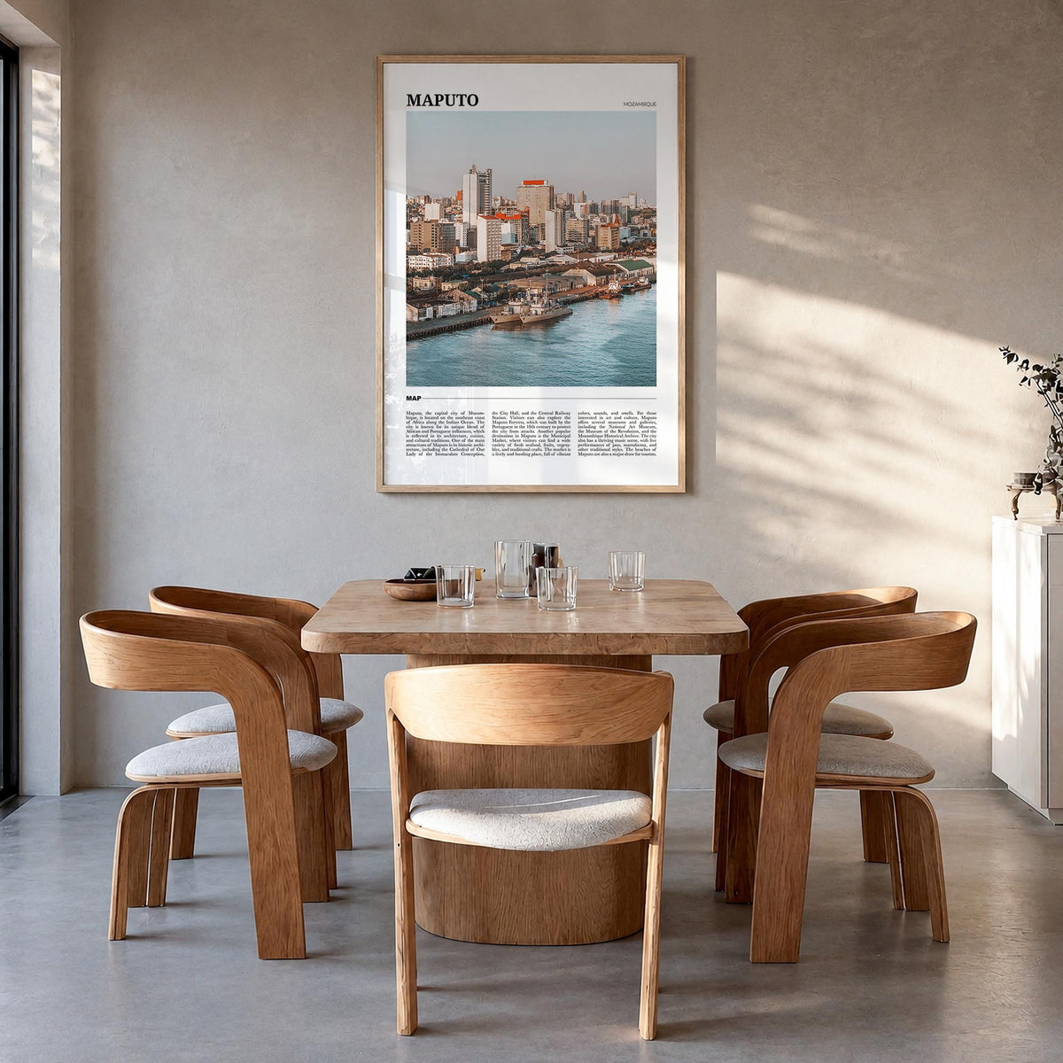 Maputo colorful travel poster of Mozambique – vertical wall art in natural wood frame, hanging on wall
