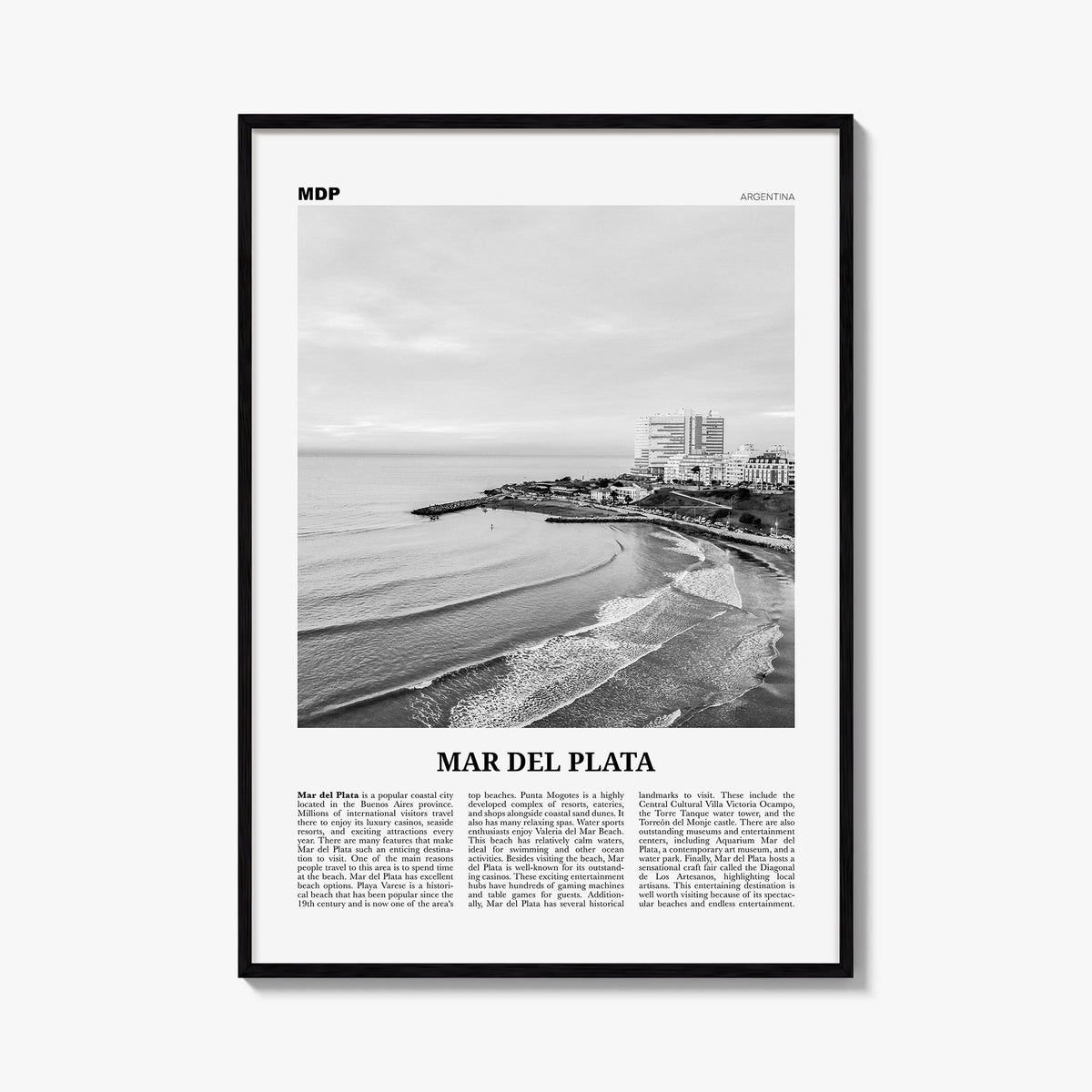 Mar del Plata black & white newspaper poster of Argentina – vertical wall art, unframed print shown in interior mockup