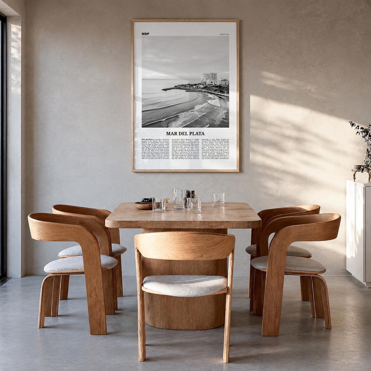 Mar del Plata black & white newspaper poster of Argentina – vertical wall art in natural wood frame, hanging on wall