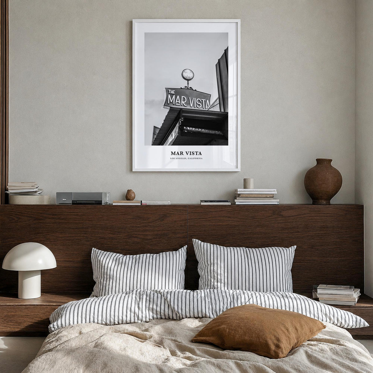 Mar Vista black & white classic poster of Los Angeles, California – vertical wall art in white wood frame, hanging on wall