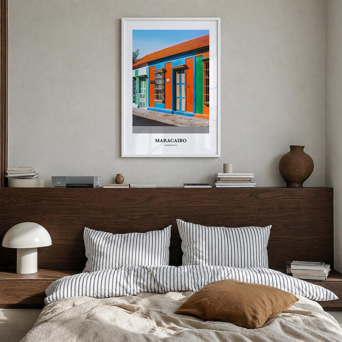 Maracaibo colorful classic poster of Venezuela – vertical wall art in white wood frame, hanging on wall