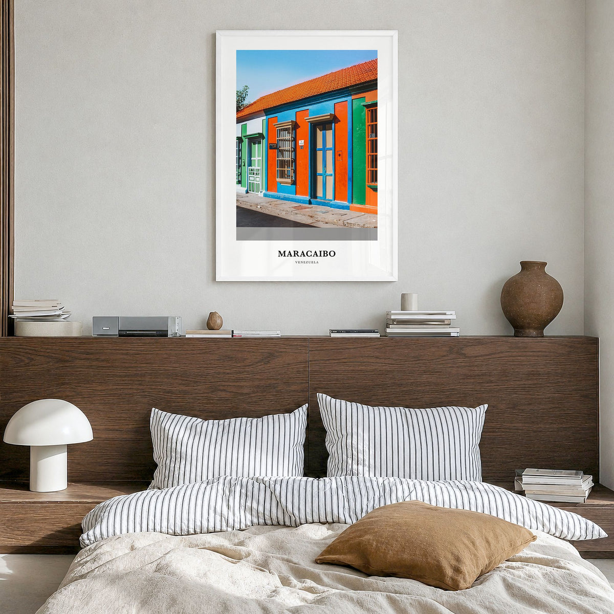 Maracaibo Classic Poster in a white wood frame, hanging in a bedroom
