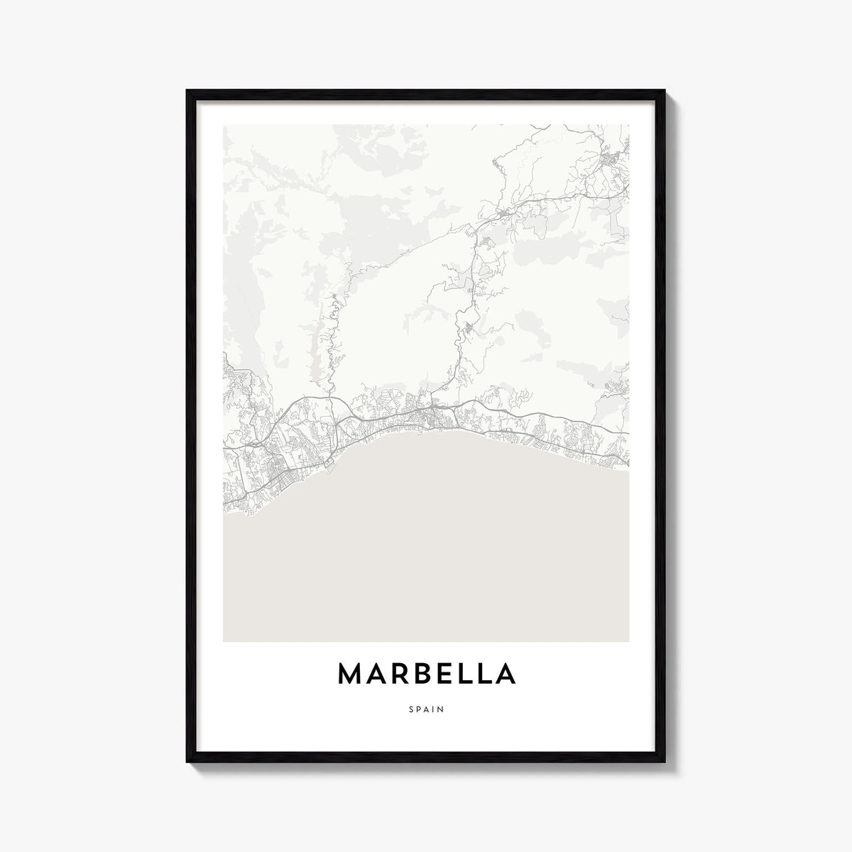 Marbella black & white map poster of Spain – vertical wall art, unframed print shown in interior mockup