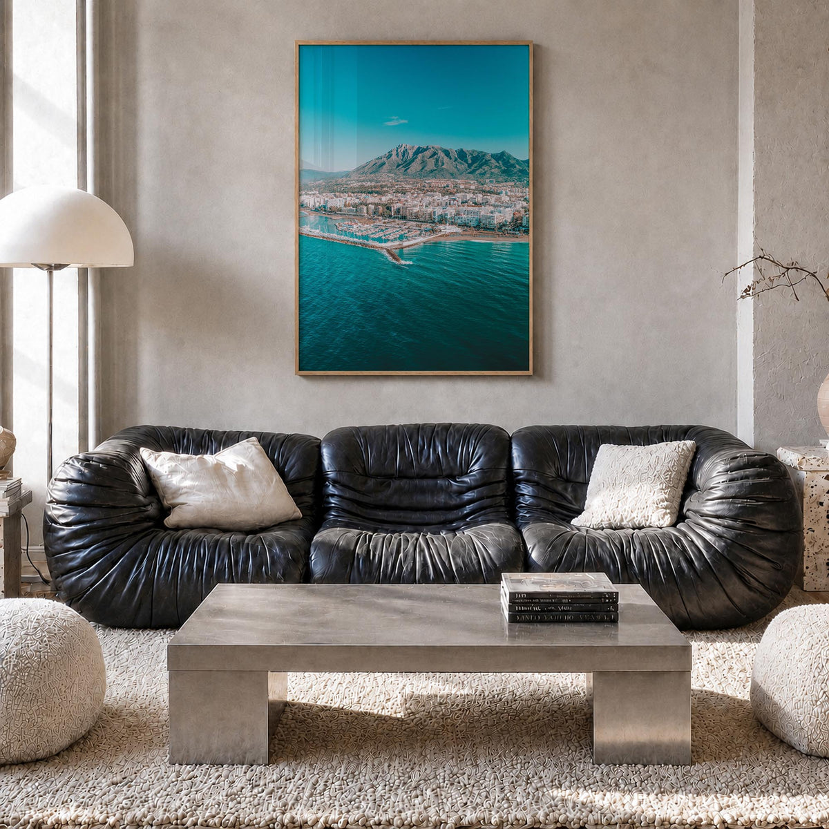 Marbella colorful photo poster of Spain – vertical wall art in natural wood frame, hanging on wall