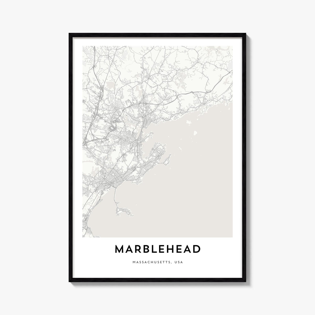 Marblehead black & white map poster of Massachusetts, USA – vertical wall art, unframed print shown in interior mockup