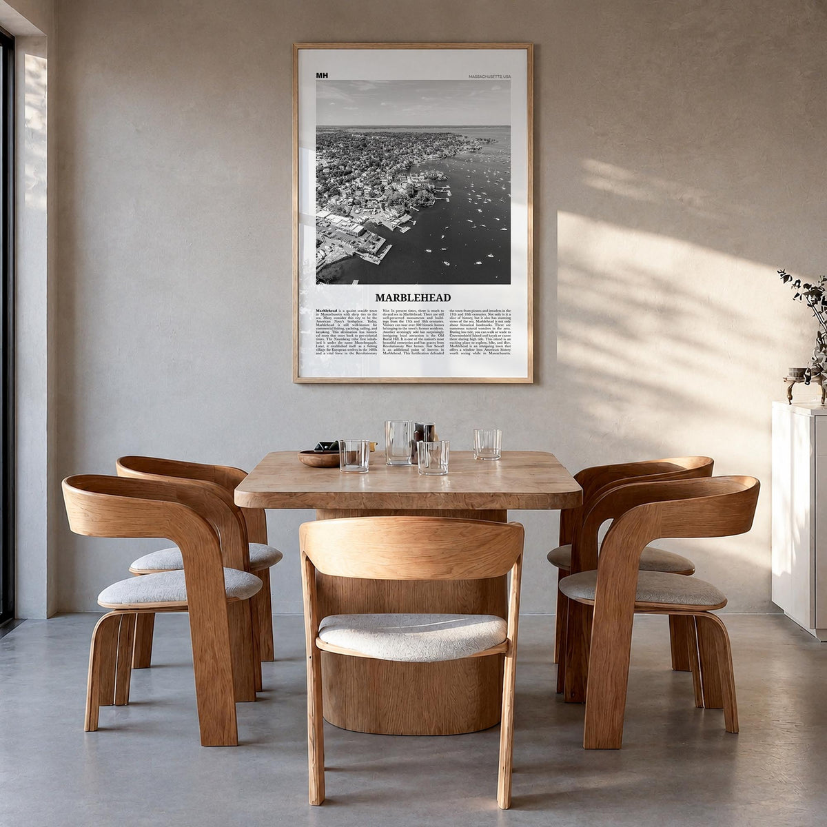 Marblehead black & white newspaper poster of Massachusetts, USA – vertical wall art in natural wood frame, hanging on wall