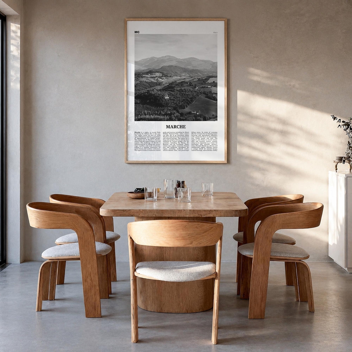 Marche black & white newspaper poster of Italy – vertical wall art in natural wood frame, hanging on wall