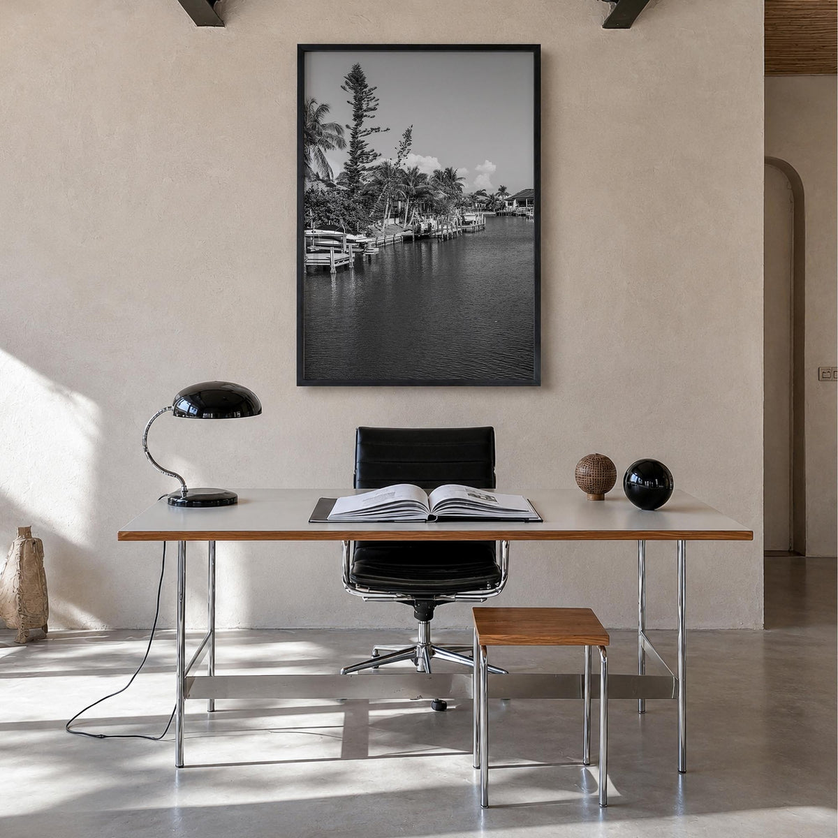Marco Island black & white photo poster of Florida, USA – vertical wall art in black wood frame, hanging on wall