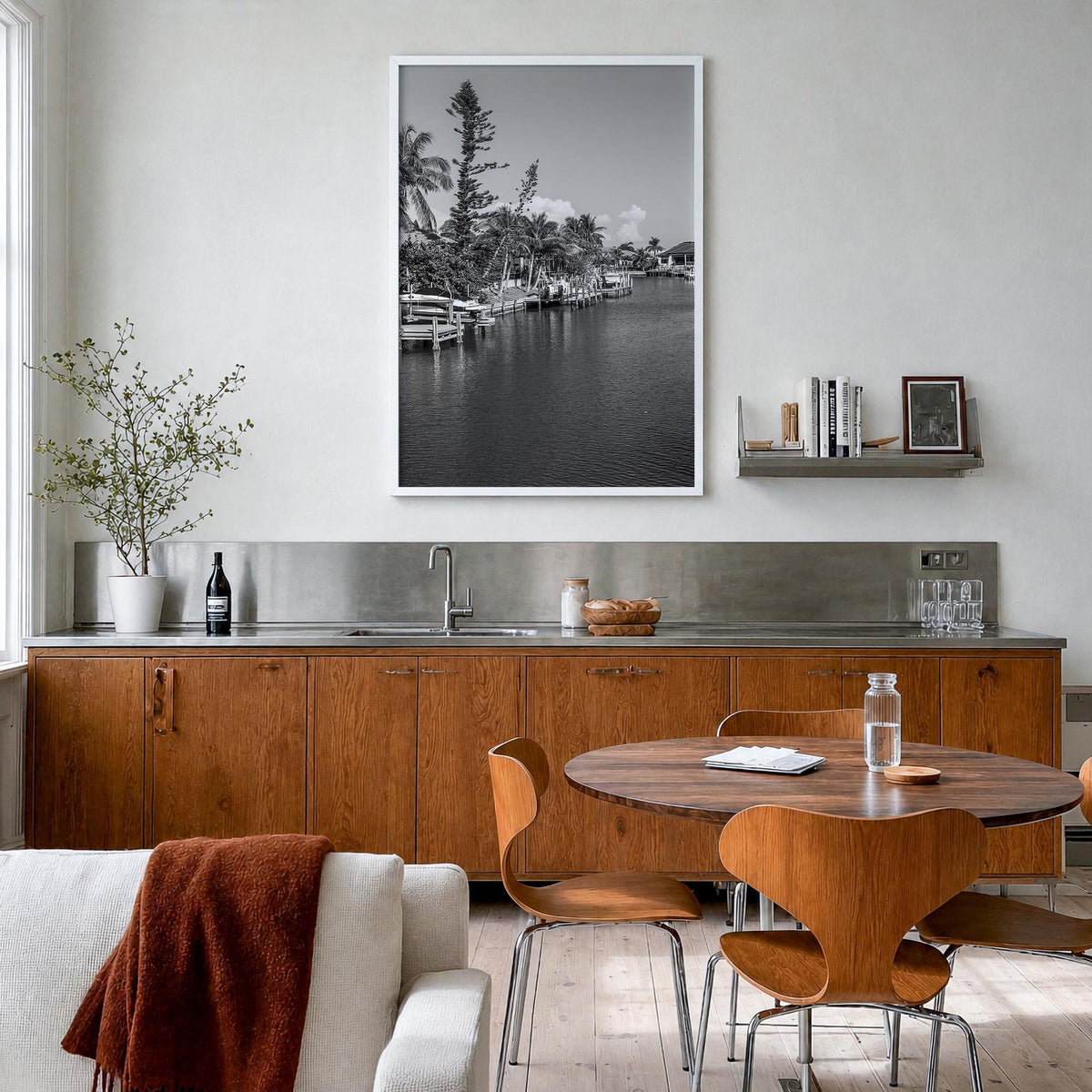 Marco Island black & white photo poster of Florida, USA – vertical wall art in white wood frame, hanging on wall