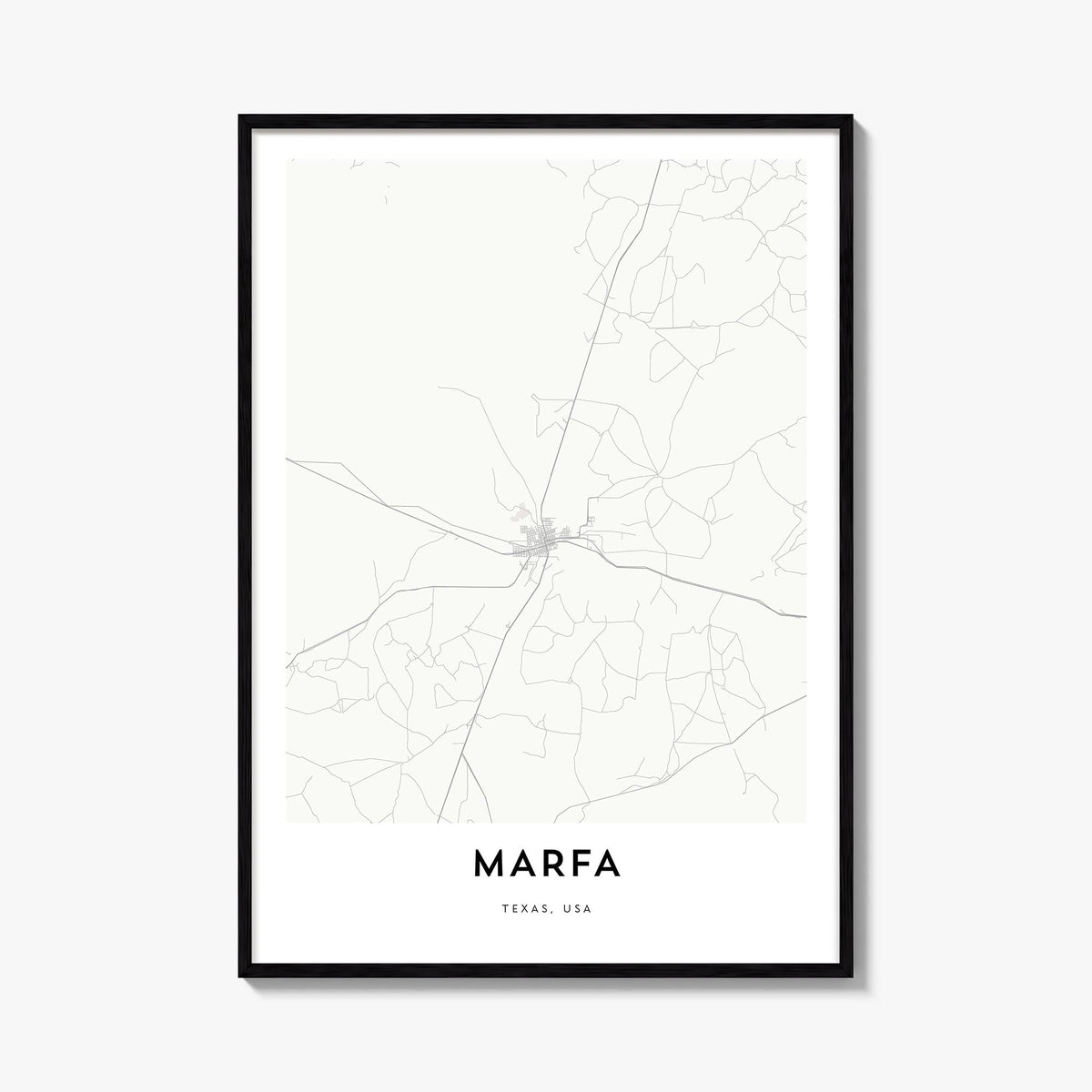 Marfa black & white map poster of Texas, USA – vertical wall art, unframed print shown in interior mockup