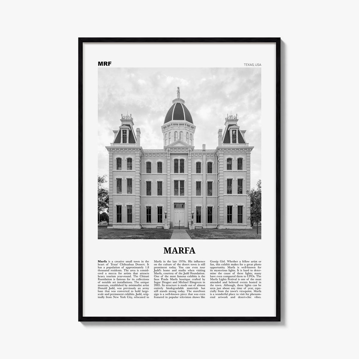 Marfa black & white newspaper poster of Texas, USA – vertical wall art, unframed print shown in interior mockup