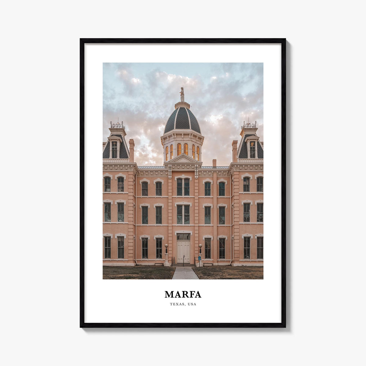 Marfa colorful classic poster of Texas, USA – vertical wall art, unframed print shown in interior mockup
