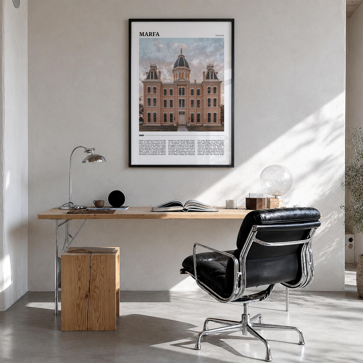 Marfa colorful travel poster of Texas, USA – vertical wall art in black wood frame, hanging on wall