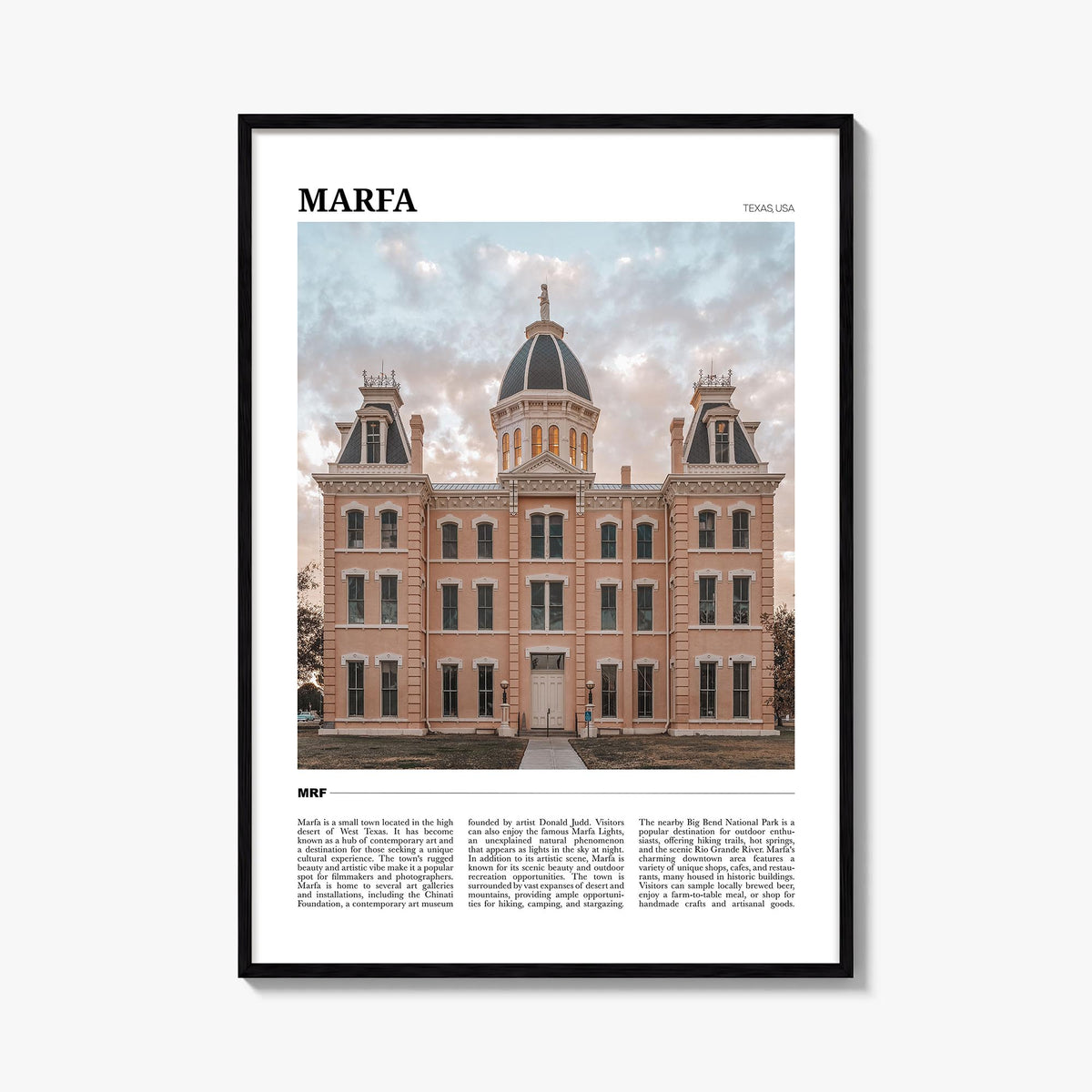 Marfa colorful travel poster of Texas, USA – vertical wall art, unframed print shown in interior mockup