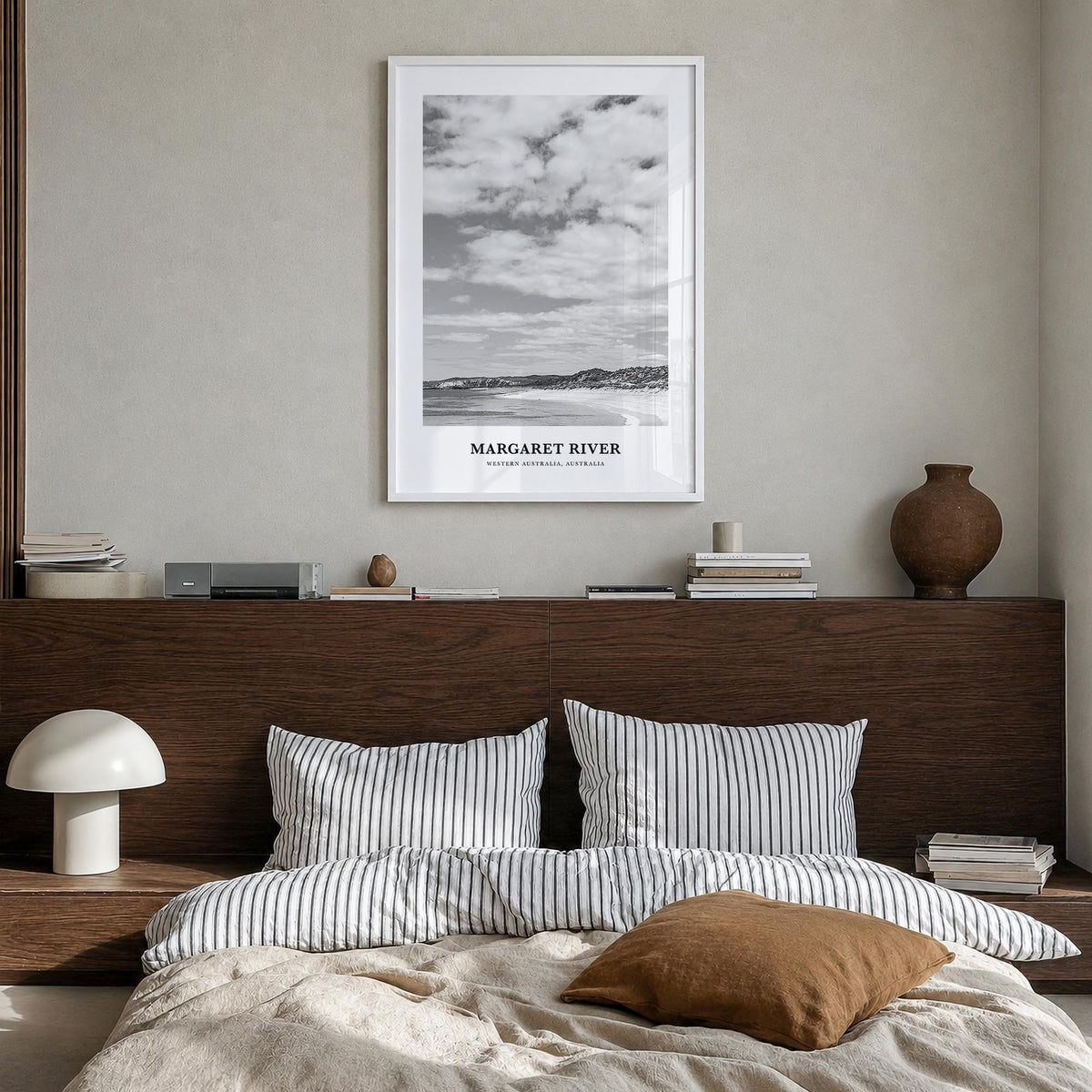 Margaret River black & white classic poster of Western Australia, Australia – vertical wall art in white wood frame, hanging