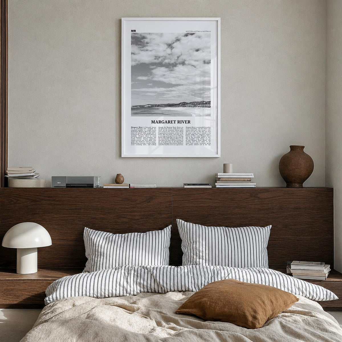 Margaret River black & white newspaper poster of Western Australia, Australia – vertical wall art in white wood frame, hangin