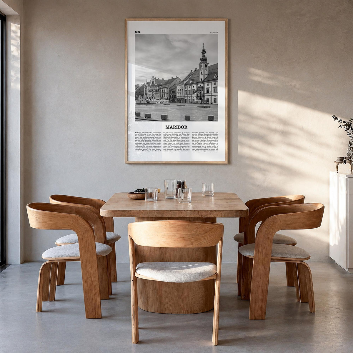 Maribor black & white newspaper poster of Slovenia – vertical wall art in natural wood frame, hanging on wall