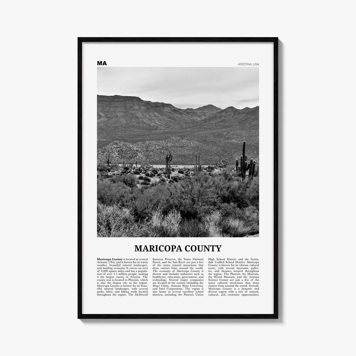 Maricopa County black & white newspaper poster of Arizona, USA – vertical wall art, unframed print shown in interior mockup