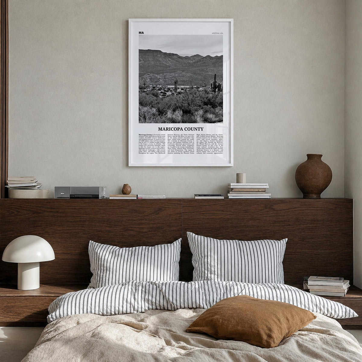 Maricopa County black & white newspaper poster of Arizona, USA – vertical wall art in white wood frame, hanging on wall