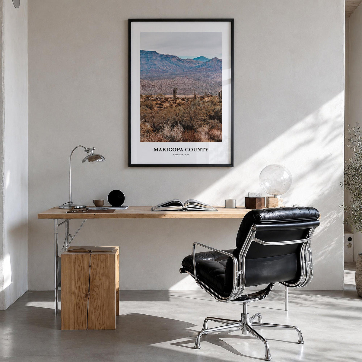 Maricopa County colorful classic poster of Arizona, USA – vertical wall art in black wood frame, hanging on wall