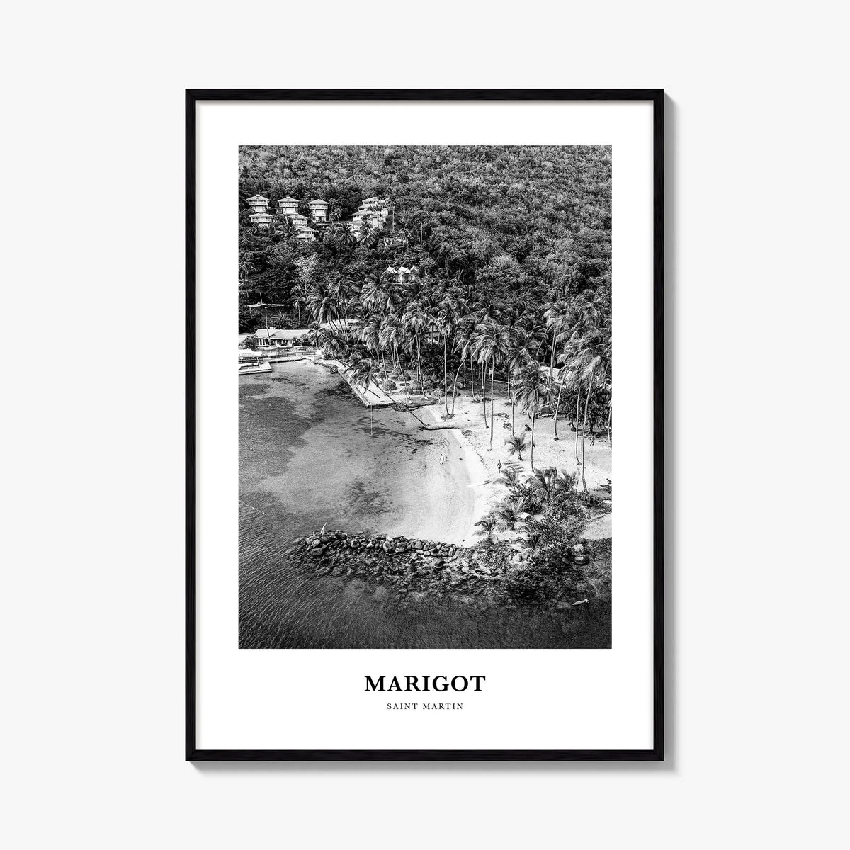 Marigot black & white classic poster of Saint Martin – vertical wall art, unframed print shown in interior mockup