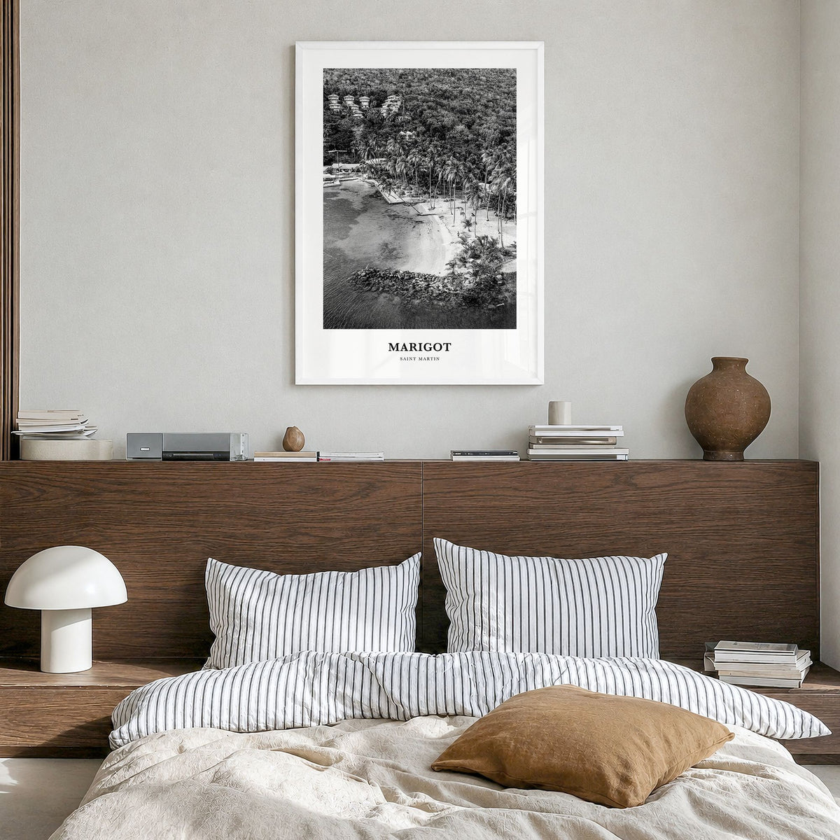 Marigot Classic Poster in a white wood frame, hanging in a bedroom