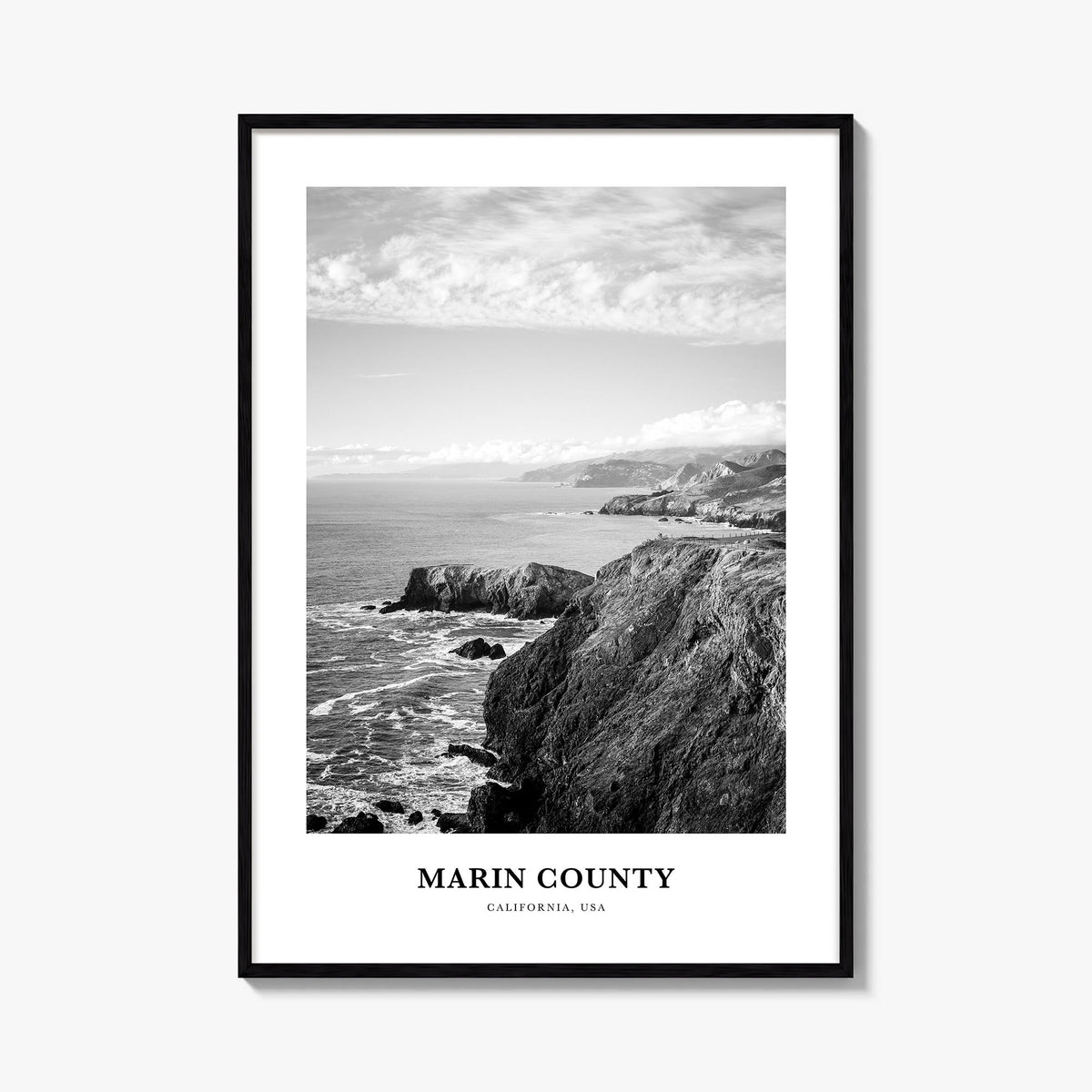 Marin County black & white classic poster of California, USA – vertical wall art, unframed print shown in interior mockup