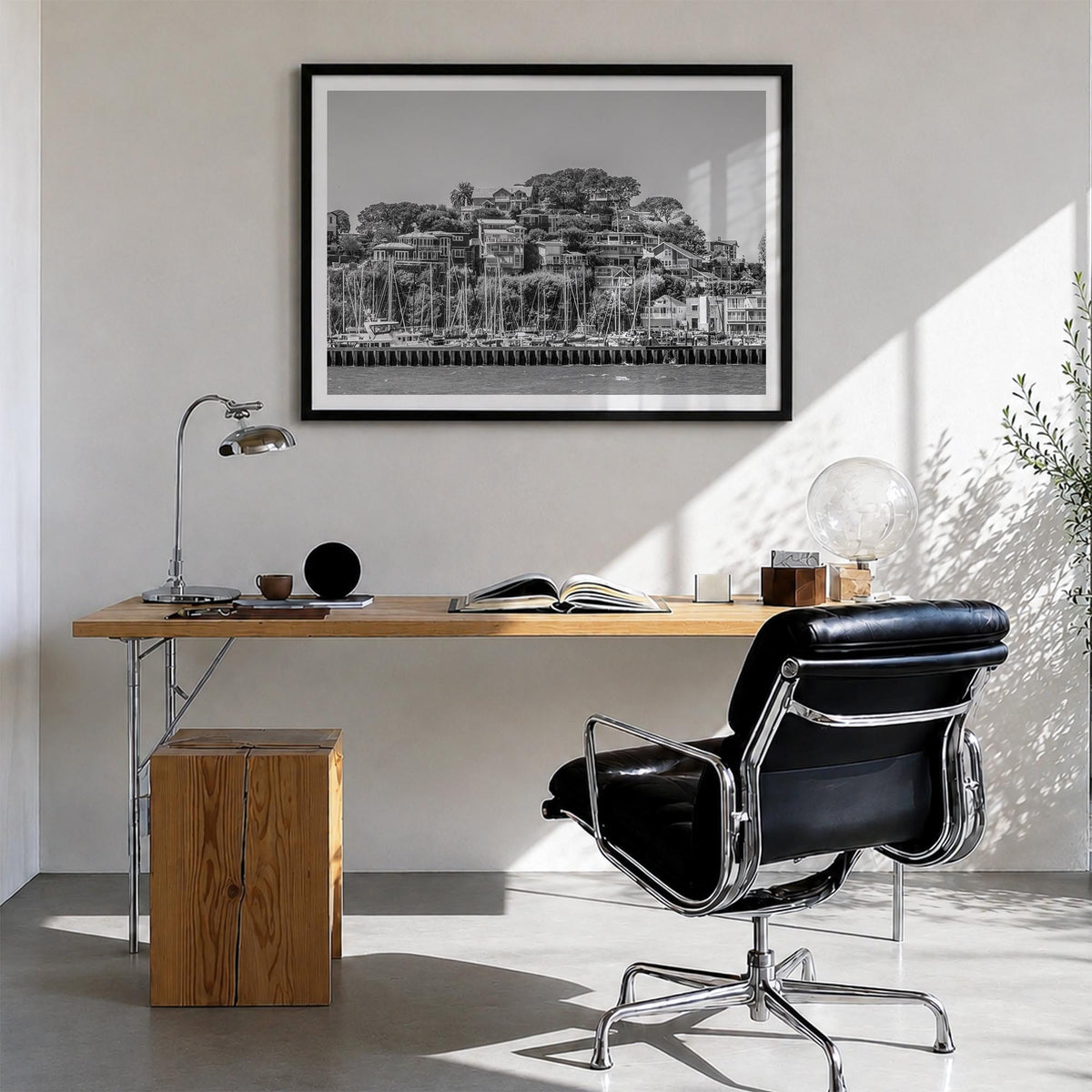Marin County black & white photo poster of California, USA – horizontal wall art in black wood frame with white border, hangi