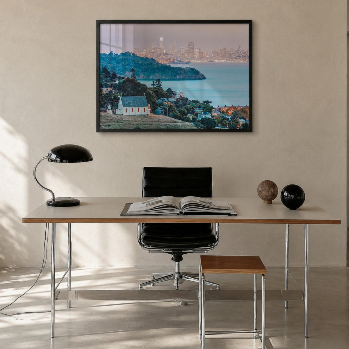 Marin County colorful photo poster of California, USA – horizontal wall art in black wood frame, hanging on wall