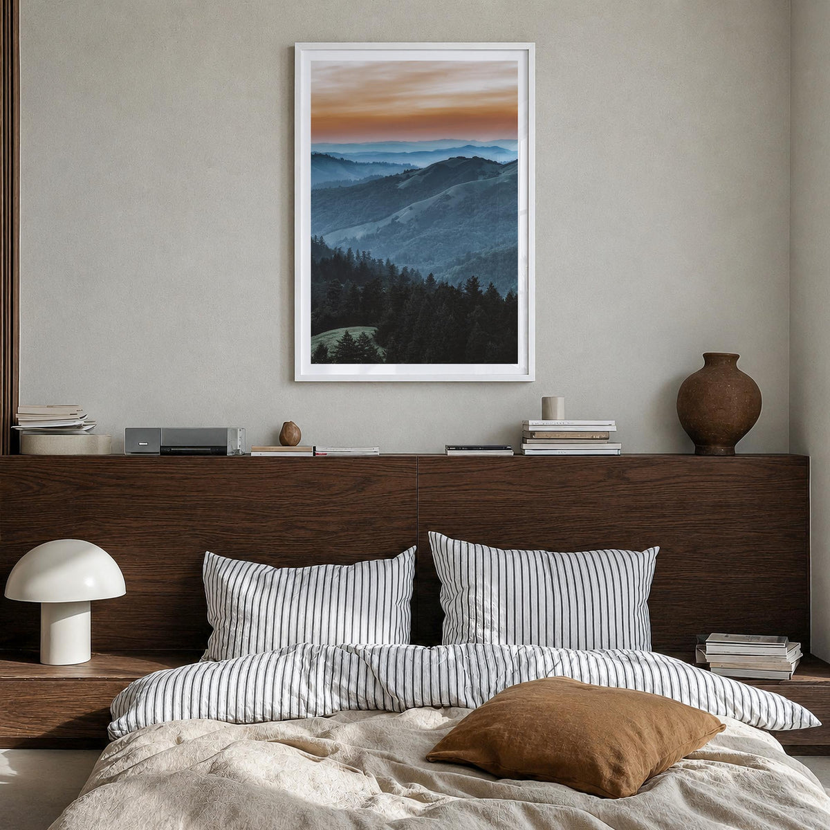 Marin County no. 1 colorful photo poster of California, USA – vertical wall art in white wood frame with white border, hangin
