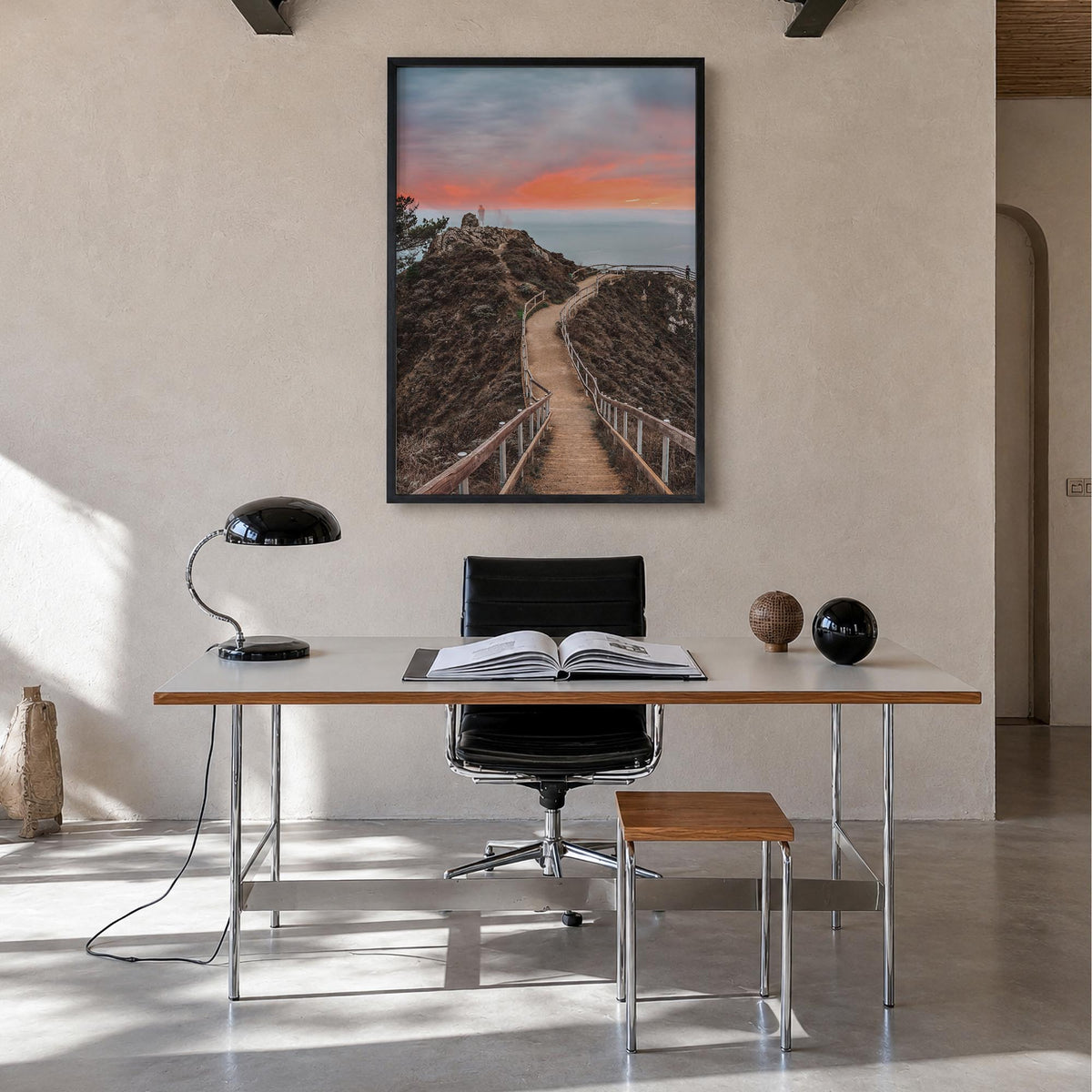 Marin County no. 2 colorful photo poster of California, USA – vertical wall art in black wood frame, hanging on wall