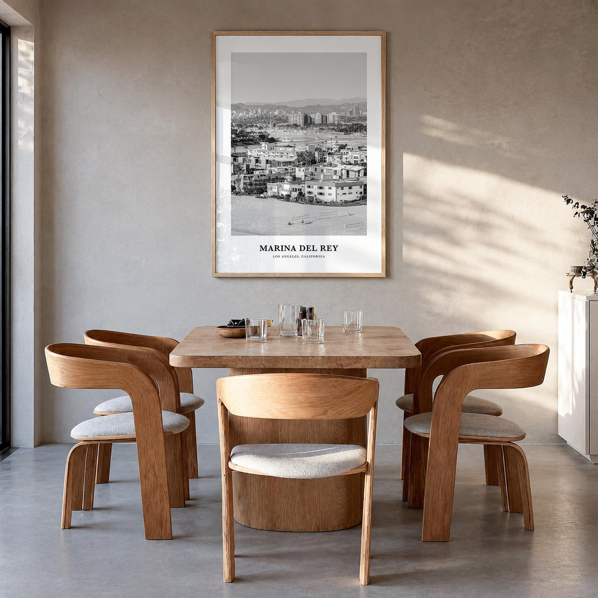 Marina del Rey black & white classic poster of California, USA – vertical wall art in natural wood frame, hanging on wall