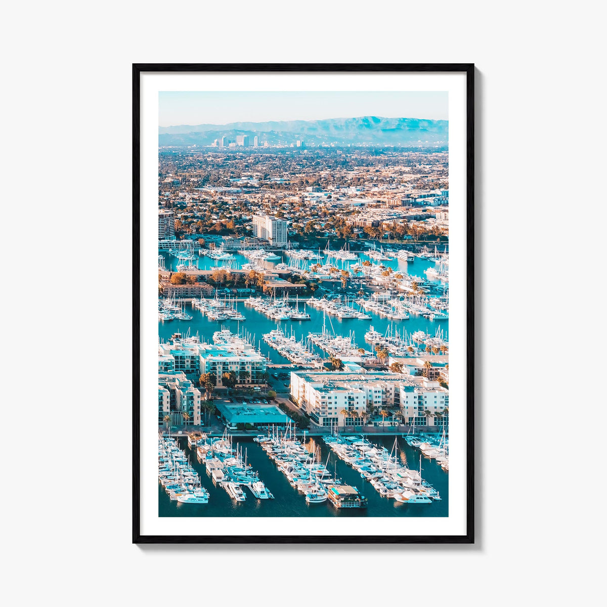 Marina del Rey colorful photo poster of California, USA – vertical wall art, unframed print shown in interior mockup