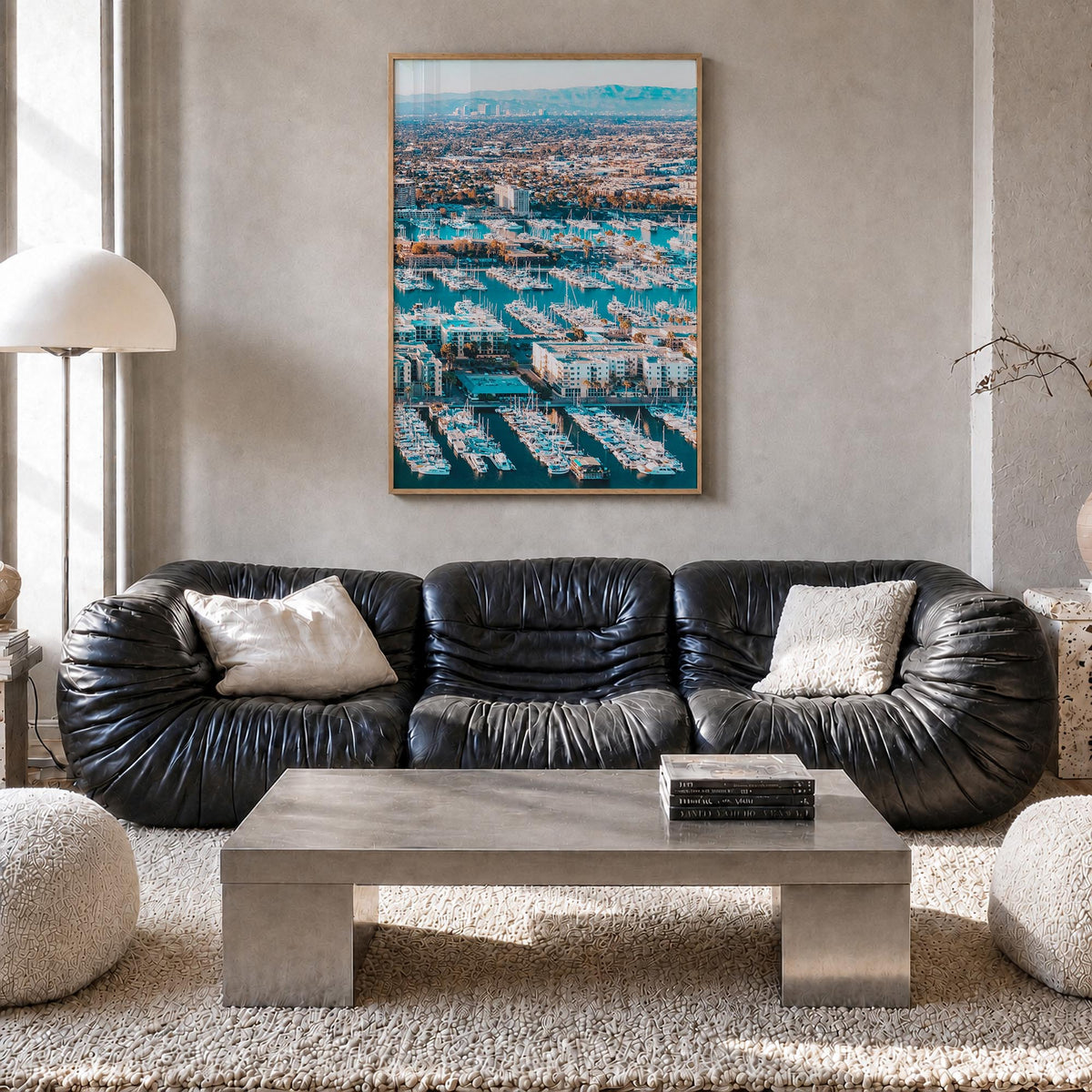 Marina del Rey colorful photo poster of California, USA – vertical wall art in natural wood frame, hanging on wall