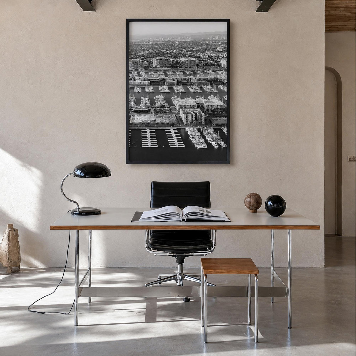 Marina del Rey no. 1 black & white photo poster of California, USA – vertical wall art in black wood frame, hanging on wall