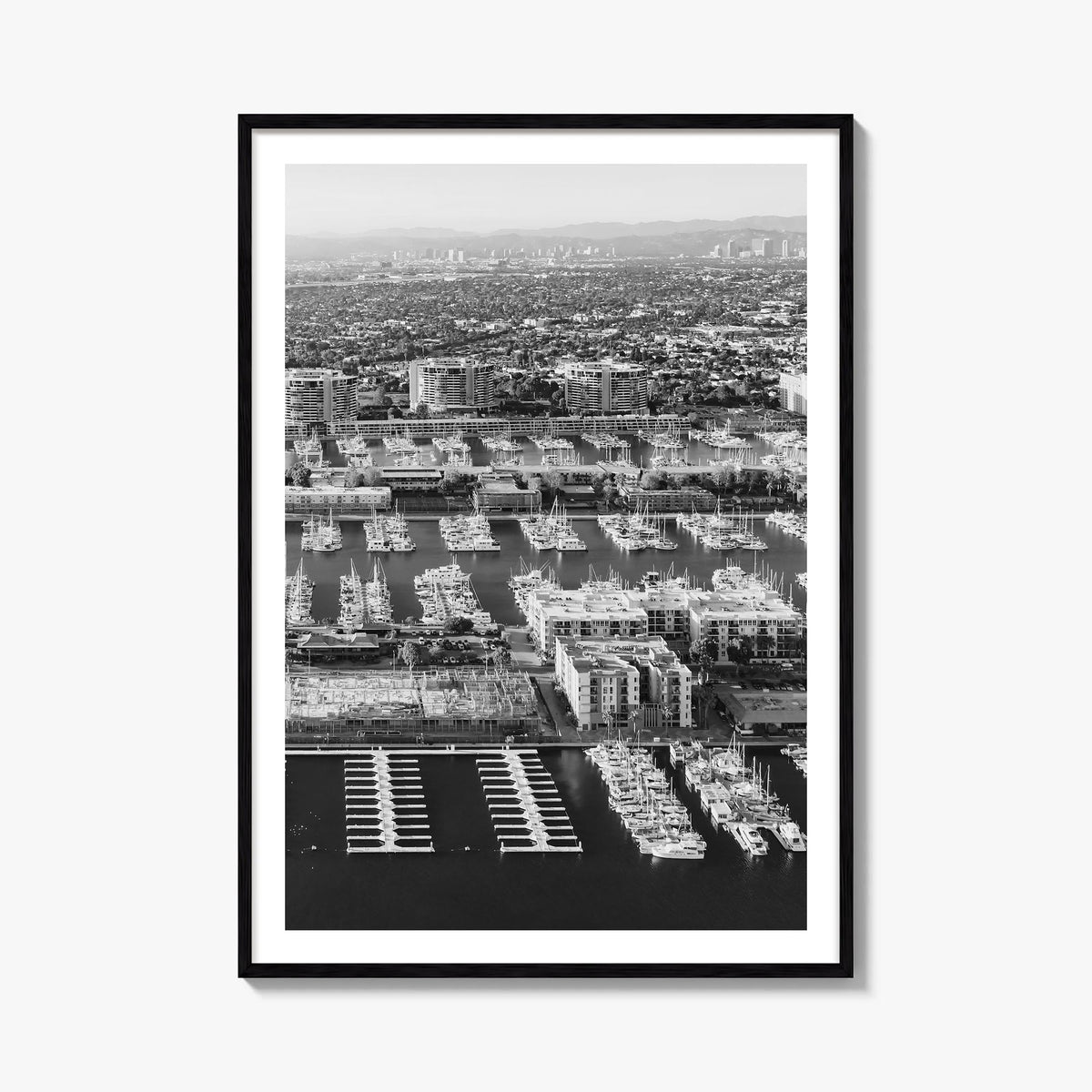 Marina del Rey no. 1 black & white photo poster of California, USA – vertical wall art, unframed print shown in interior mock
