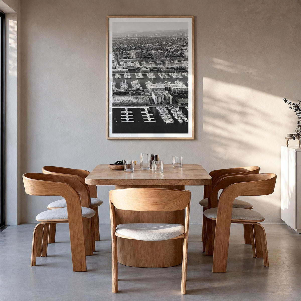 Marina del Rey no. 1 black & white photo poster of California, USA – vertical wall art in natural wood frame with white borde