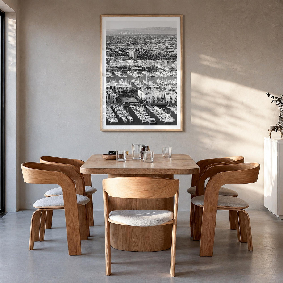 Marina del Rey no. 2 black & white photo poster of California, USA – vertical wall art in natural wood frame with white borde